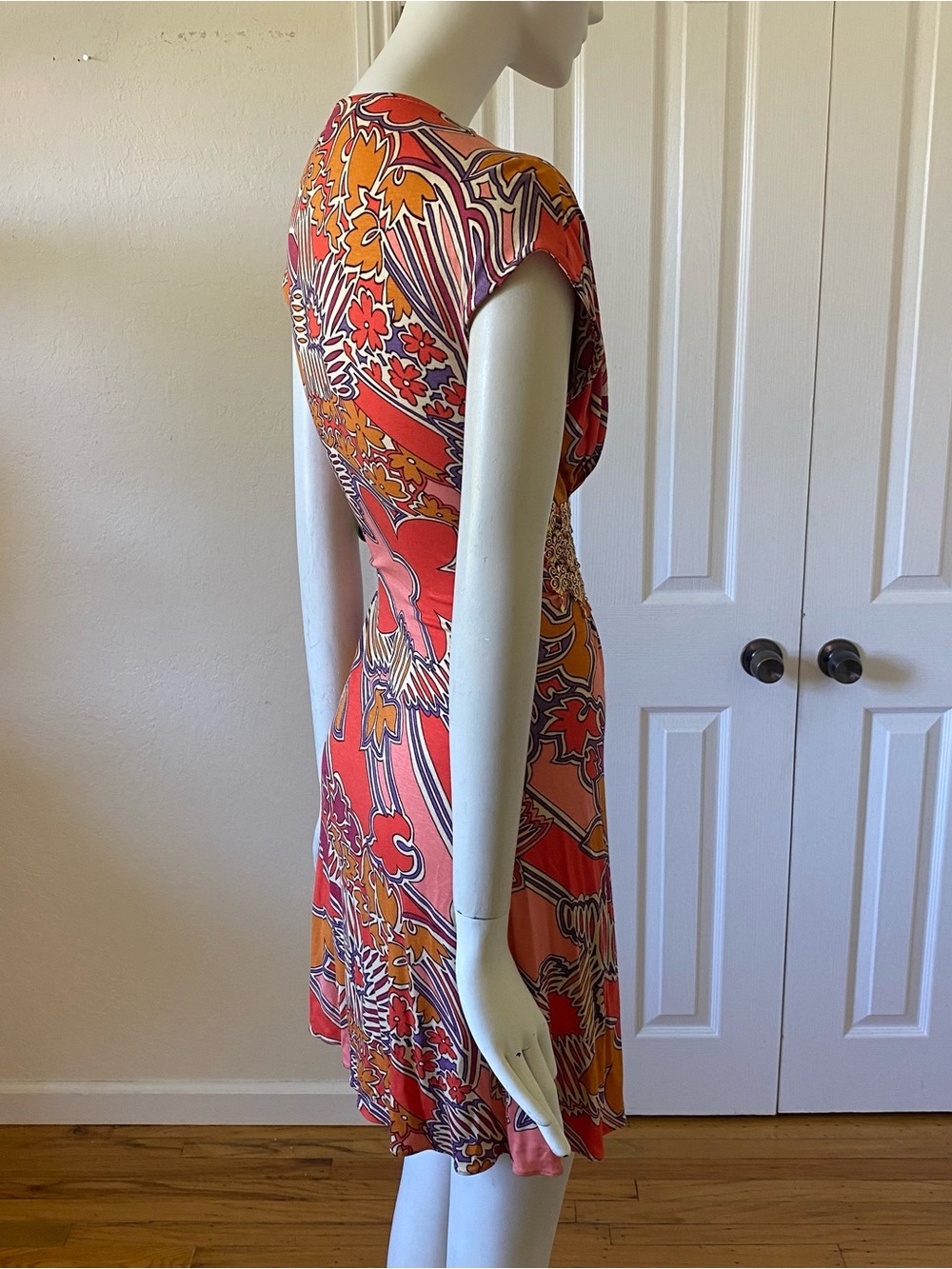 Vintage Y2K Sky Brand orange print short sleeve mini dress gold metal detail M - Picture 4 of 8